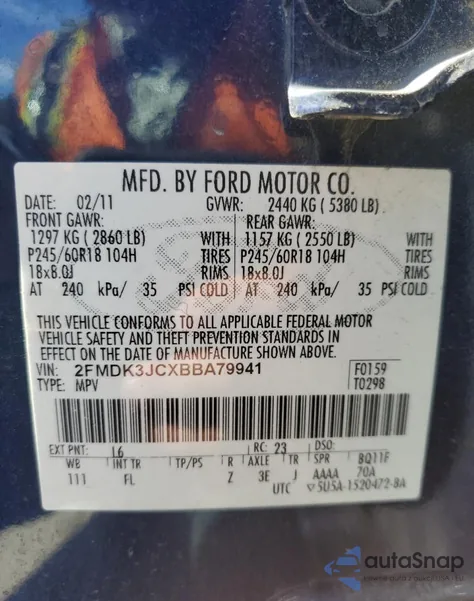 2011 Ford Edge Sel z USA, uszkodzony, nr VIN 2FMDK3JCXBBA79941